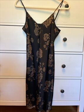 Quince Black Slip Midi Dress with Gold Floral Print